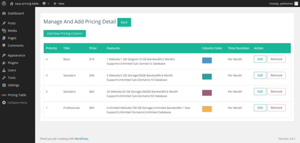 Create Beautiful Pricing Table in WordPress with Easy Pricing Table2